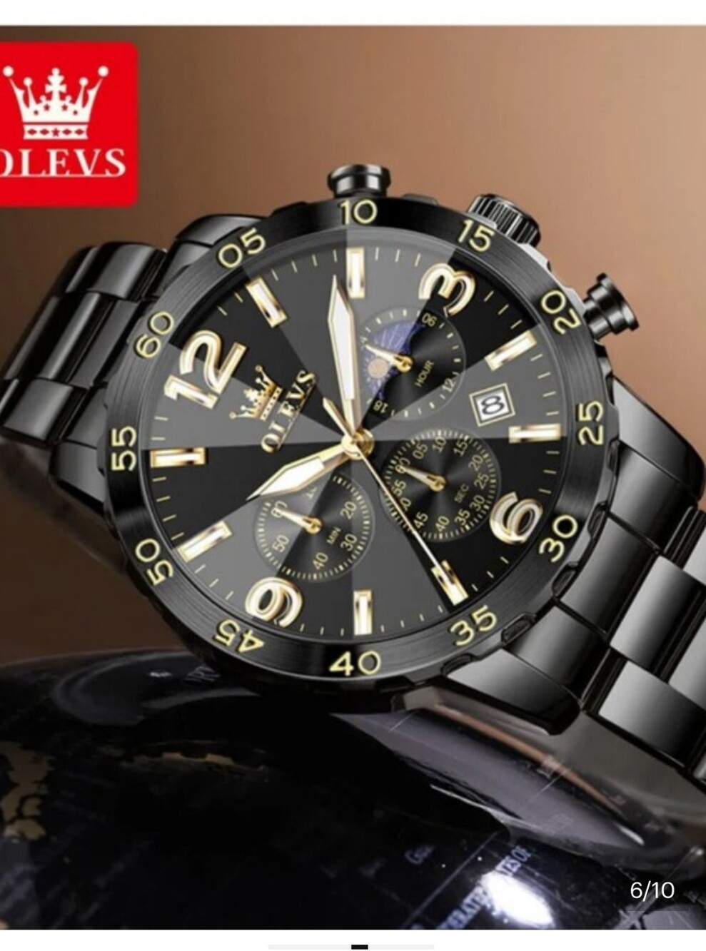 Olevs 3678 Black and Gold Men's Chronograph Watch Waterproof